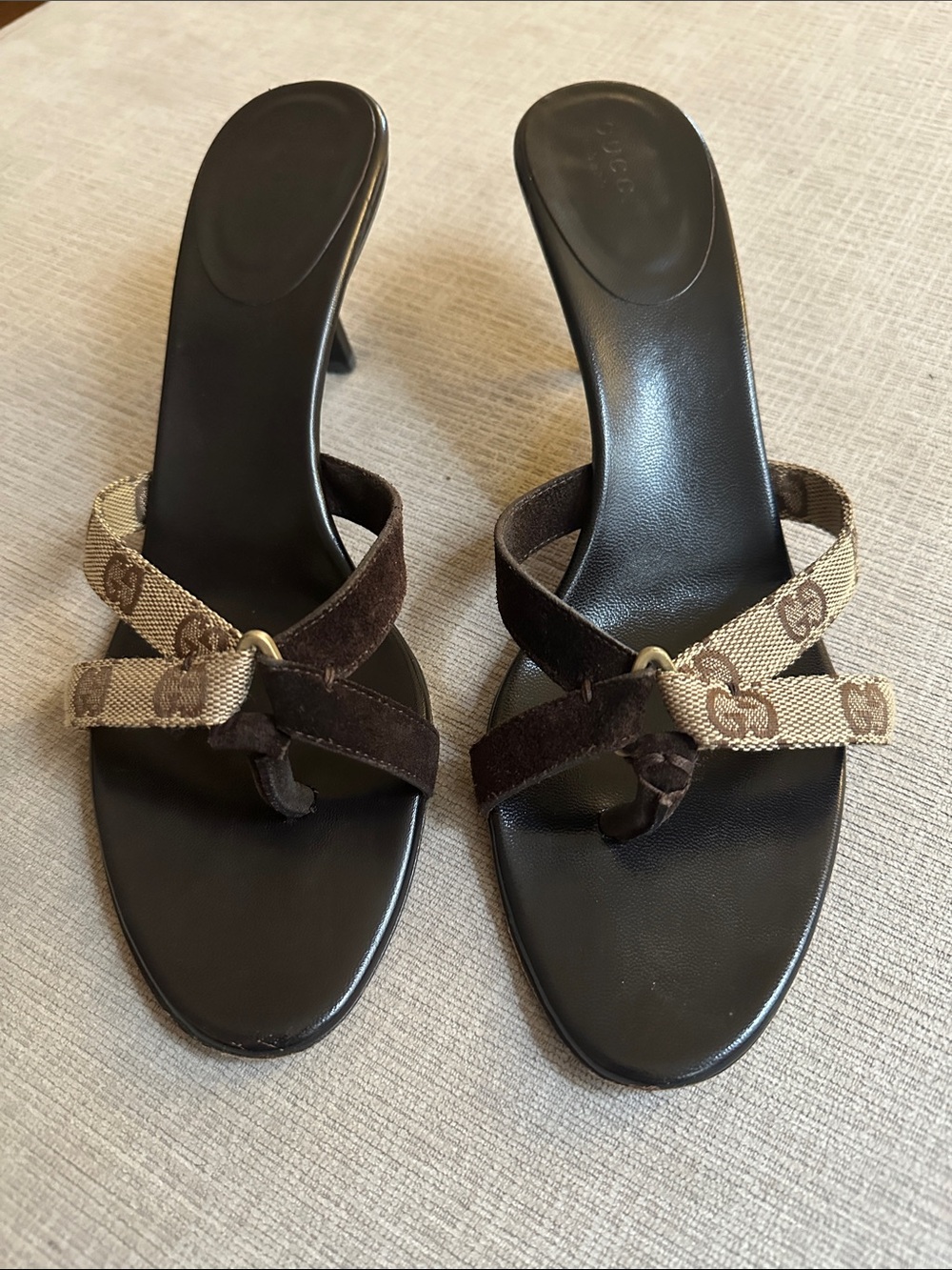 Gucci Brown and Beige GG Canvas Suede Heel Slides